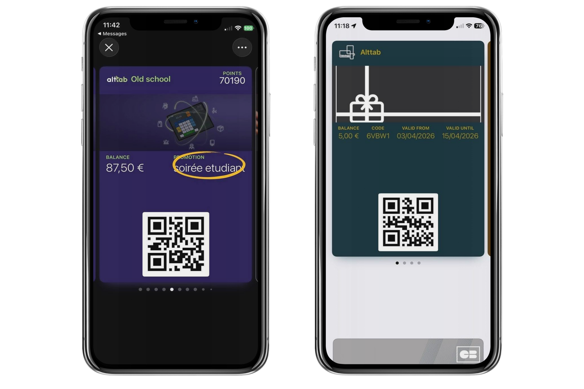 Deux smartphones affichant des écrans de paiement par code QR, l'un violet foncé et l'autre turquoise.