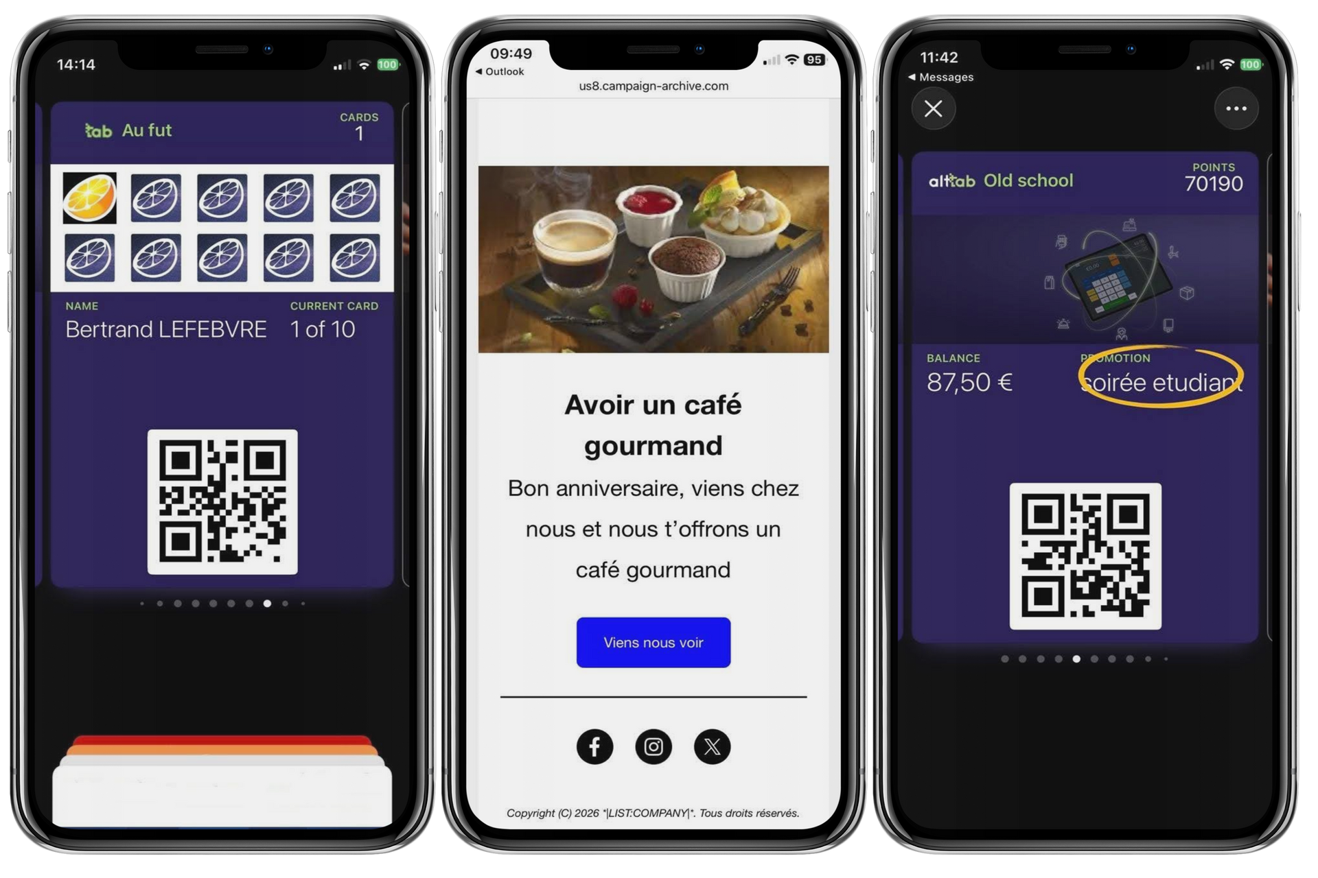 Trois écrans d'application mobile affichant des menus QR violets de style café et une carte promotionnelle de café