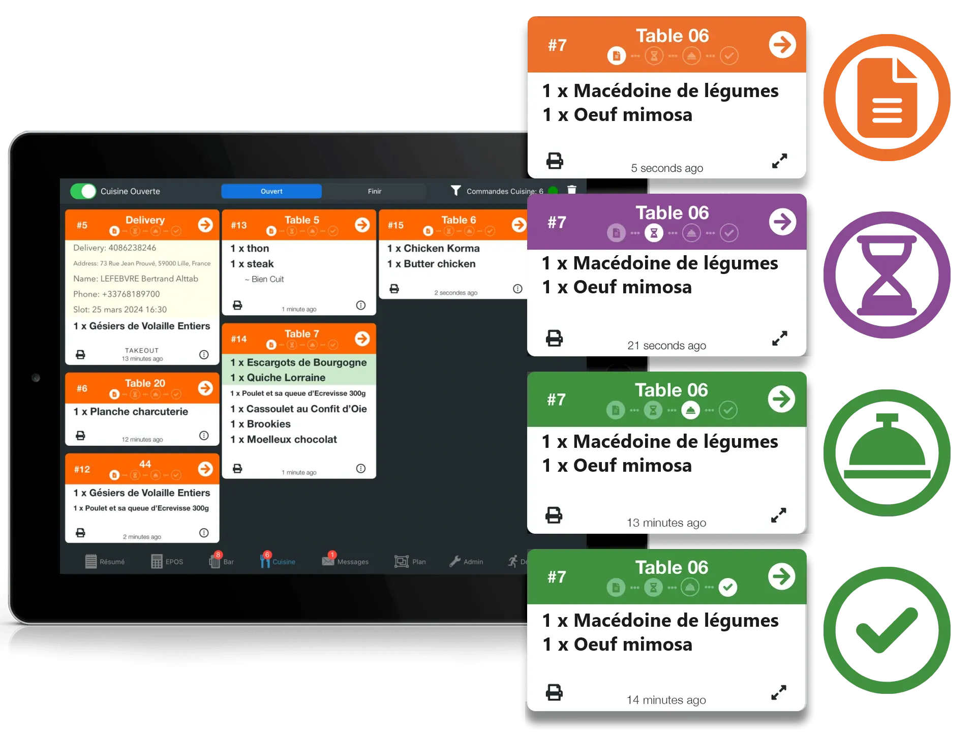Tablette affichant une application d'emploi du temps scolaire avec des fiches hebdomadaires codées par couleur et des icônes pour les tâches et les rappels.