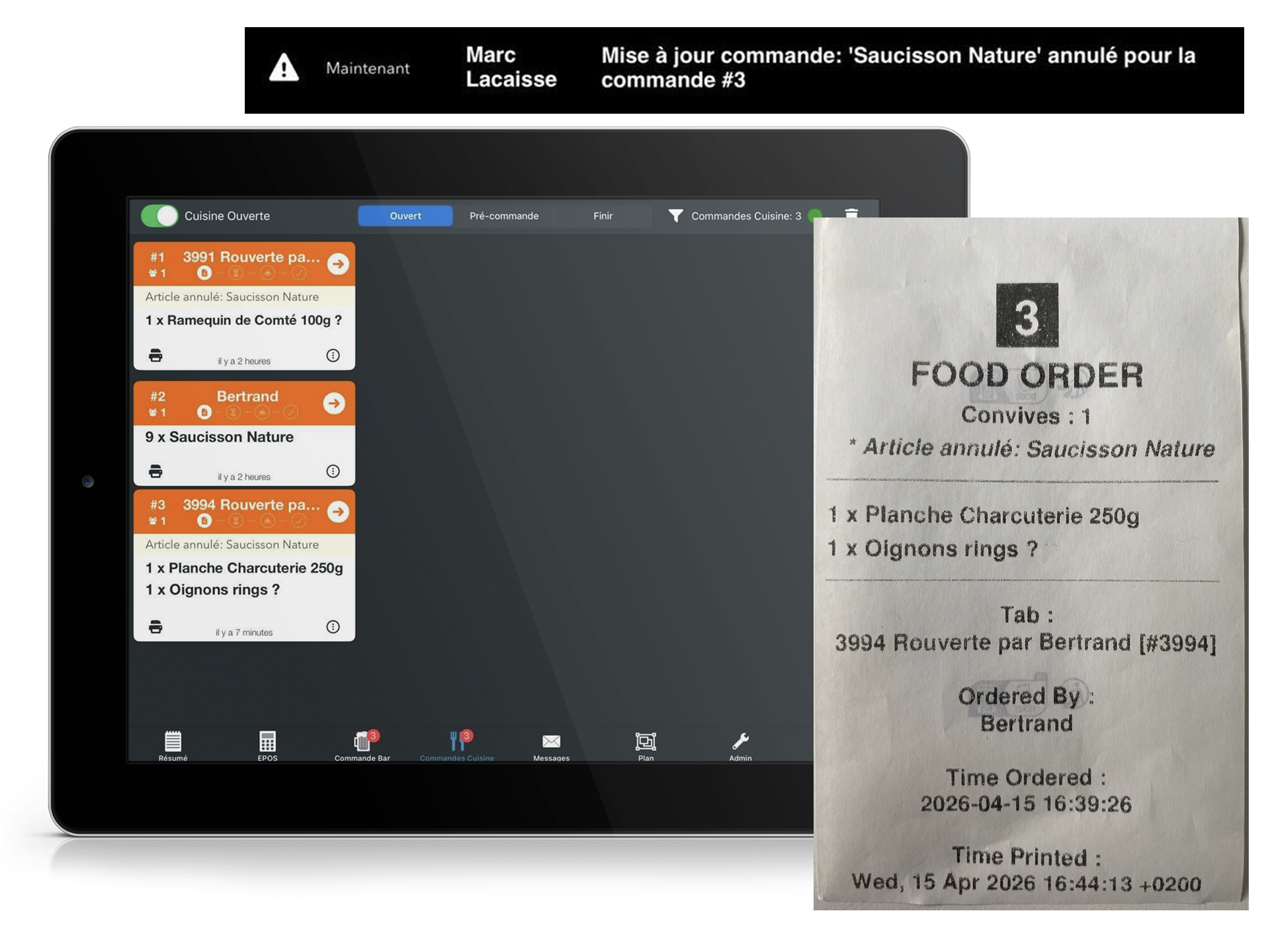 Écran de cuisine, notification commande annulée