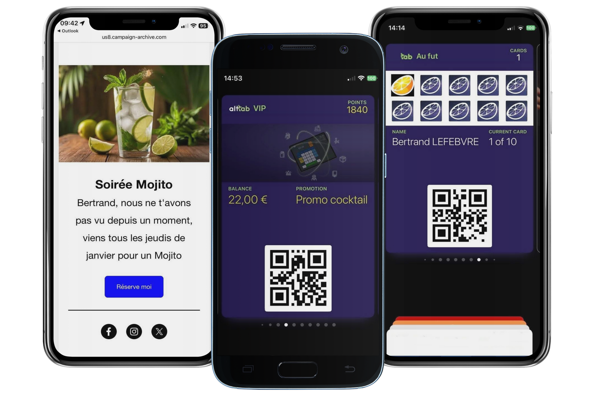 Trois écrans de smartphones affichent une application de code QR avec une interface violet foncé et un écran de connexion blanc.