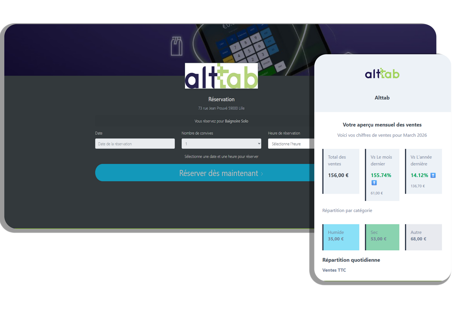 Le site web AltTab s'affiche sur un ordinateur et un téléphone, avec une barre de recherche et des fiches de service colorées.