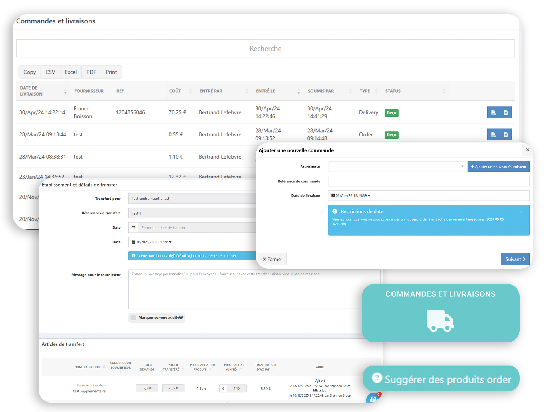 Rapports et gestion des commandes et des livraisons