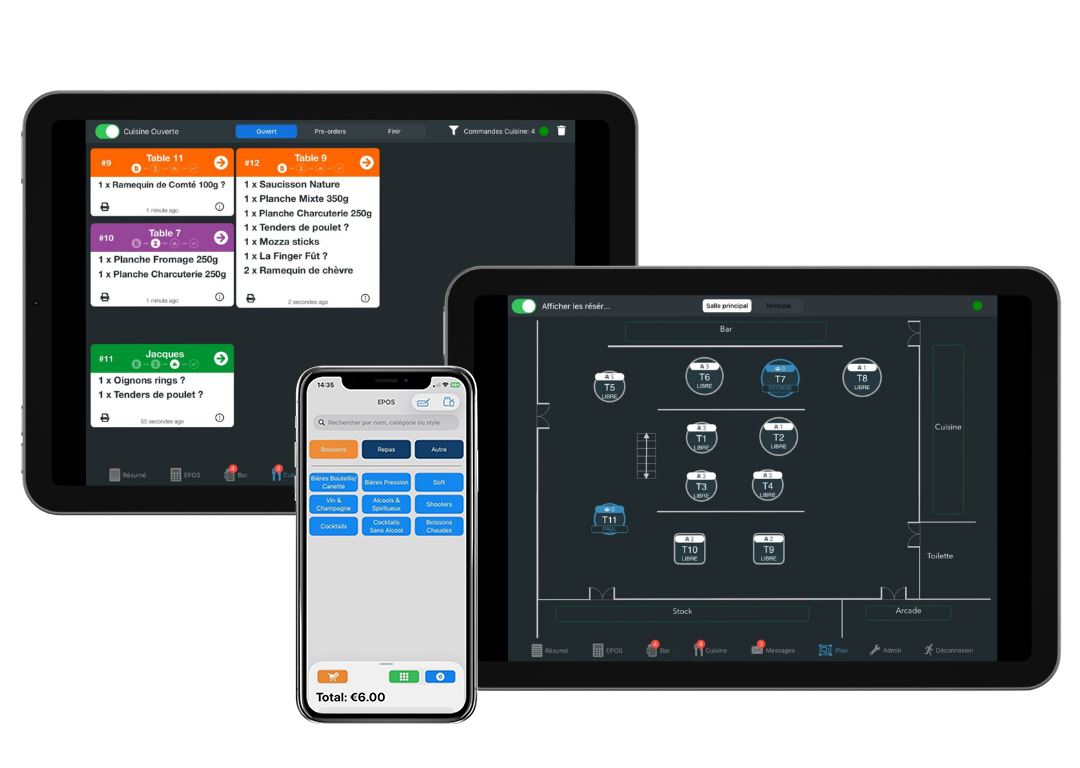 Trois smartphones et tablettes affichant une interface de tableau de bord de contrôle de maison intelligente