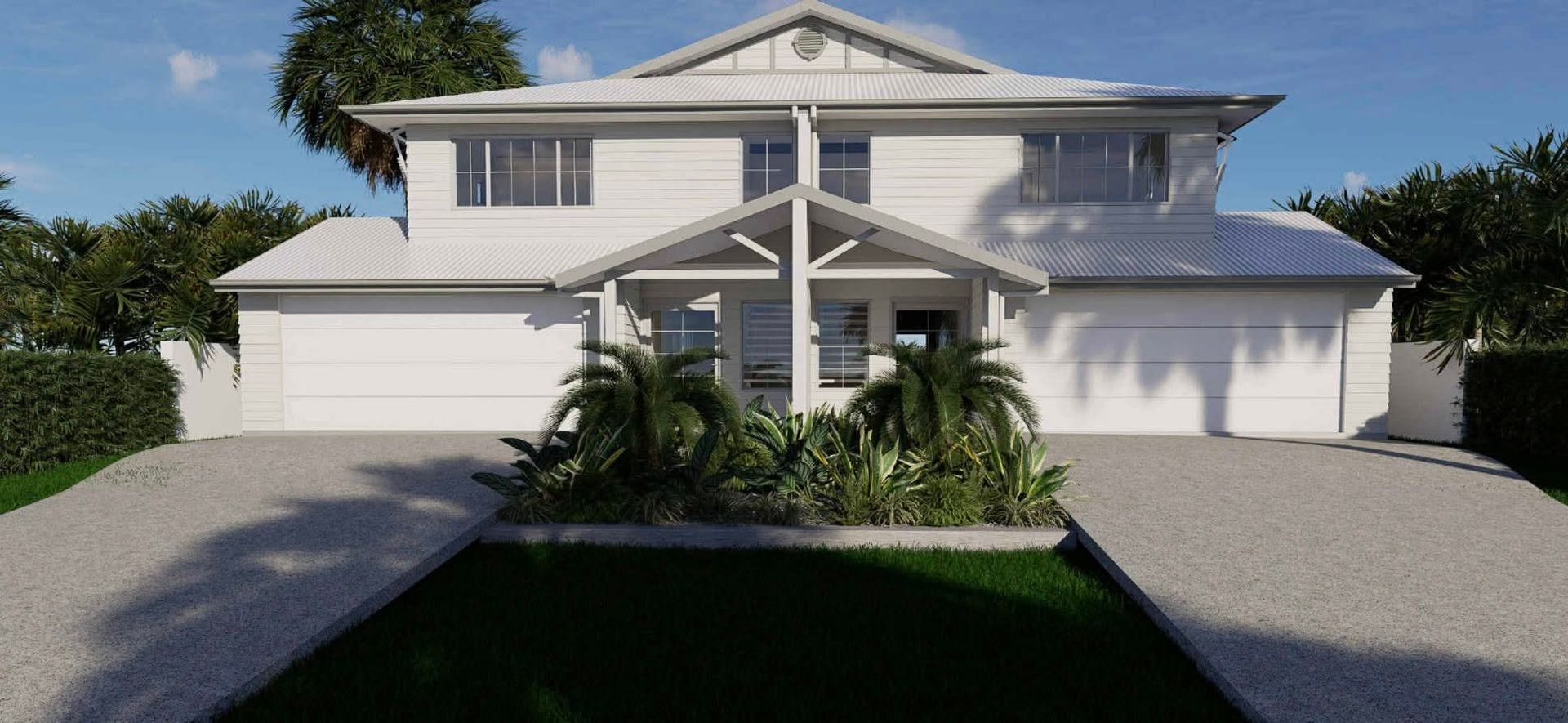 A wide, two-story duplex with white siding, two garage doors, and a central covered entrance with tropical landscaping.