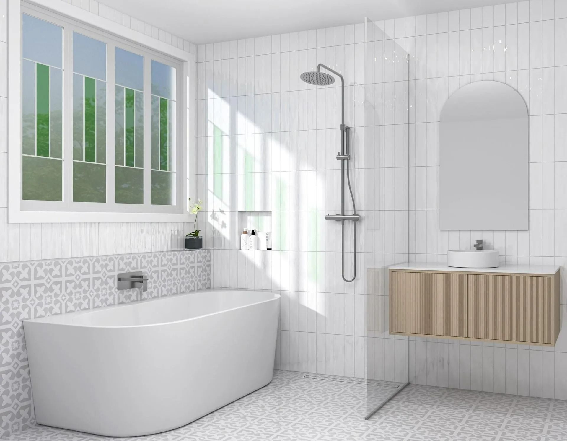 Modern Bathroom With a Bathtub, Shower, Vanity, and Large Window — Jones Building Group in Yeppoon, QLD