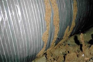 Termite mud tubes climbing along a silver, flexible HVAC duct in a dark attic space.