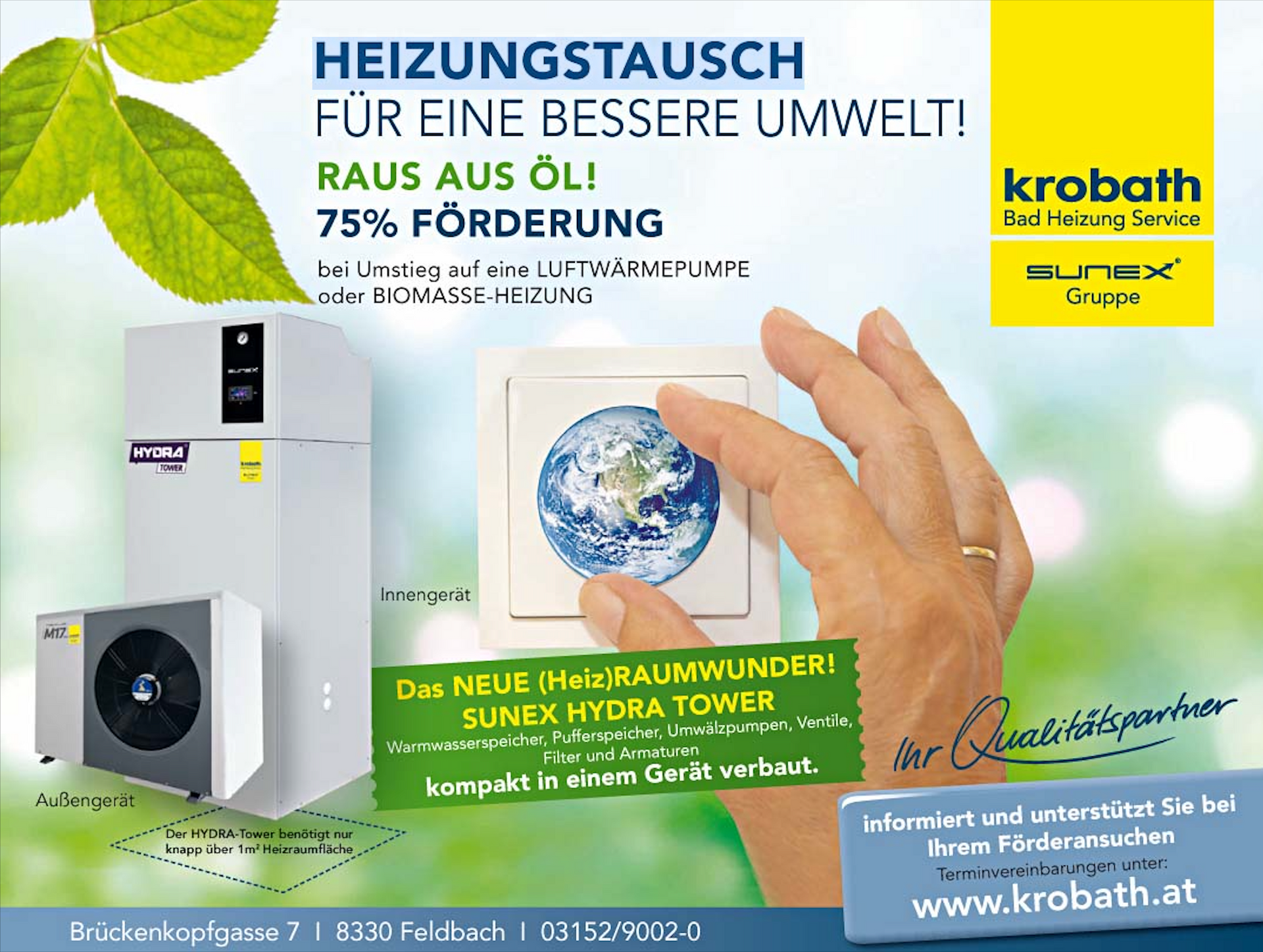 Werbung für den Austausch der Heizungsanlage: grüne Blätter, Wärmepumpe, Hand hält Globus, Text „75% Finanzierung“.