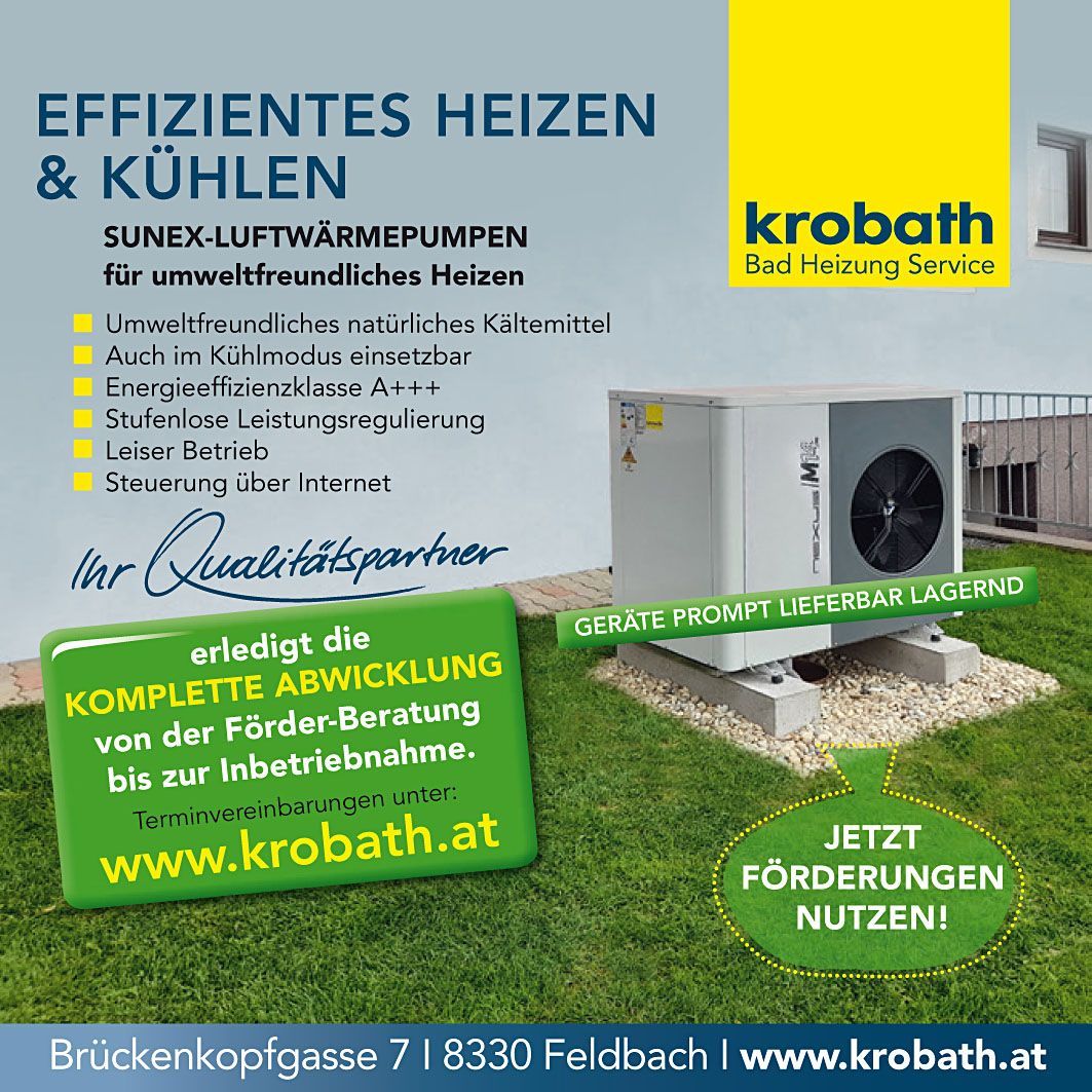 Eine Werbung für effizientes Heizen und Kühlen von Krobath