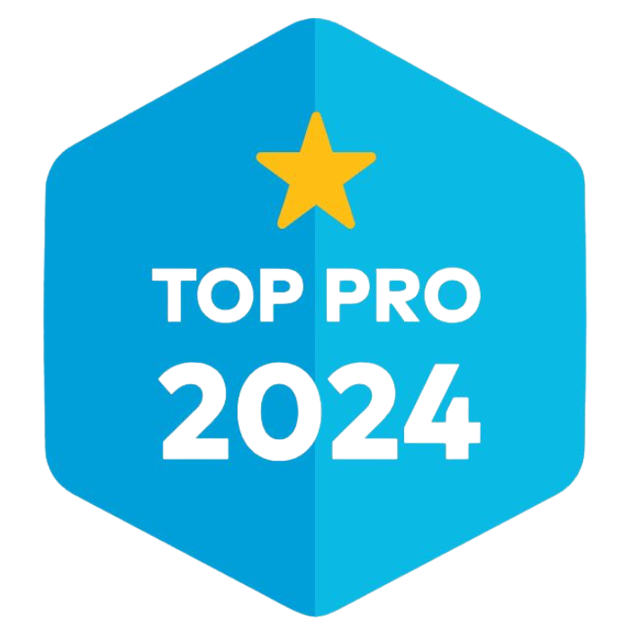 Blue hexagon badge with yellow star and white text “TOP PRO 2024”