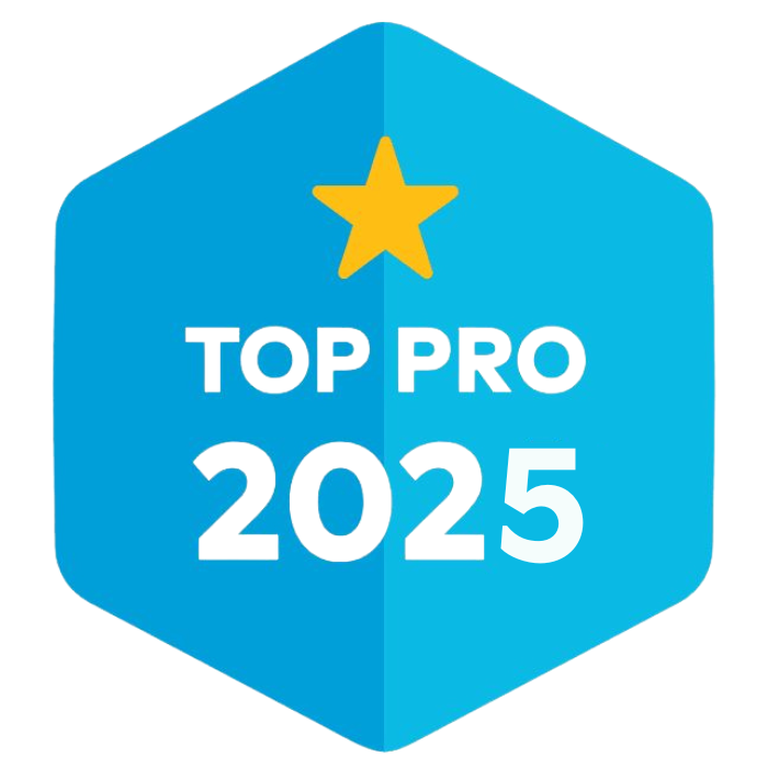 Blue hexagon badge with a yellow star and the text “TOP PRO 2025”