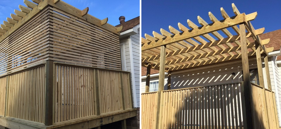 Two views of a wooden pergola and deck featuring vertical slats for privacy screening attached to a white house.