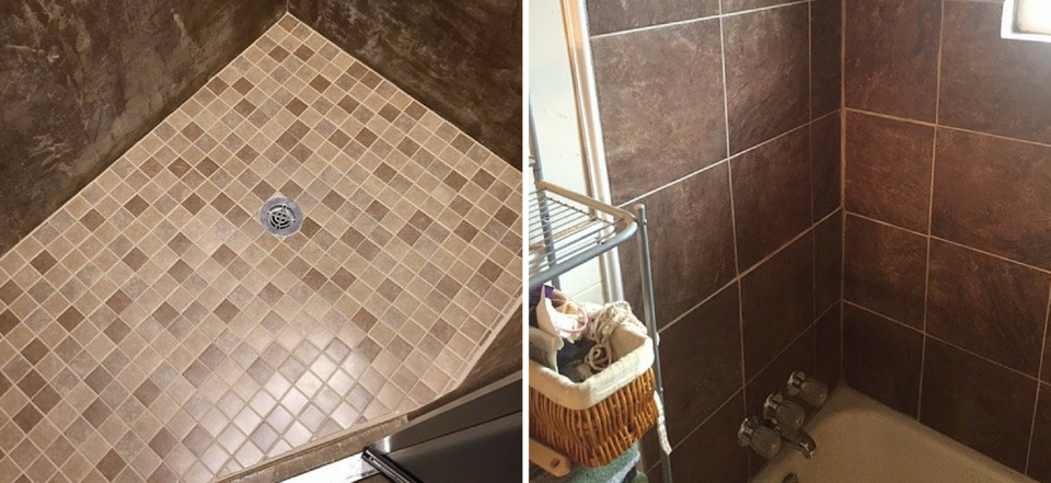 A split view of a bathroom: a square-tiled shower floor on the left and brown-tiled shower walls with a tub on the right.