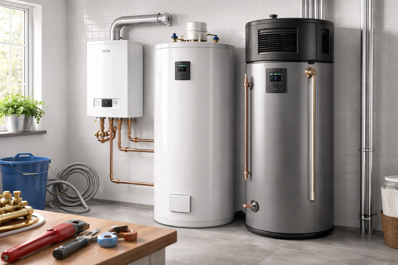 Three water heating systems, including a boiler and two tanks, stand in a bright, tiled utility room with tools nearby.