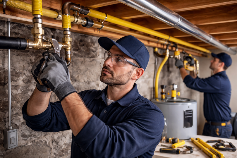 Two workers in uniform and safety gear install plumbing and gas lines in a basement.