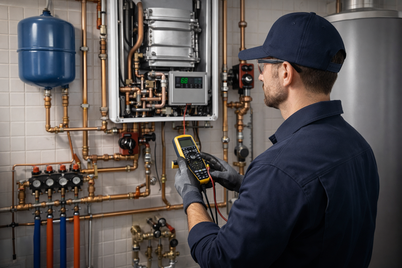 A technician in a uniform uses a digital multimeter to test a wall-mounted boiler system in a utility room.