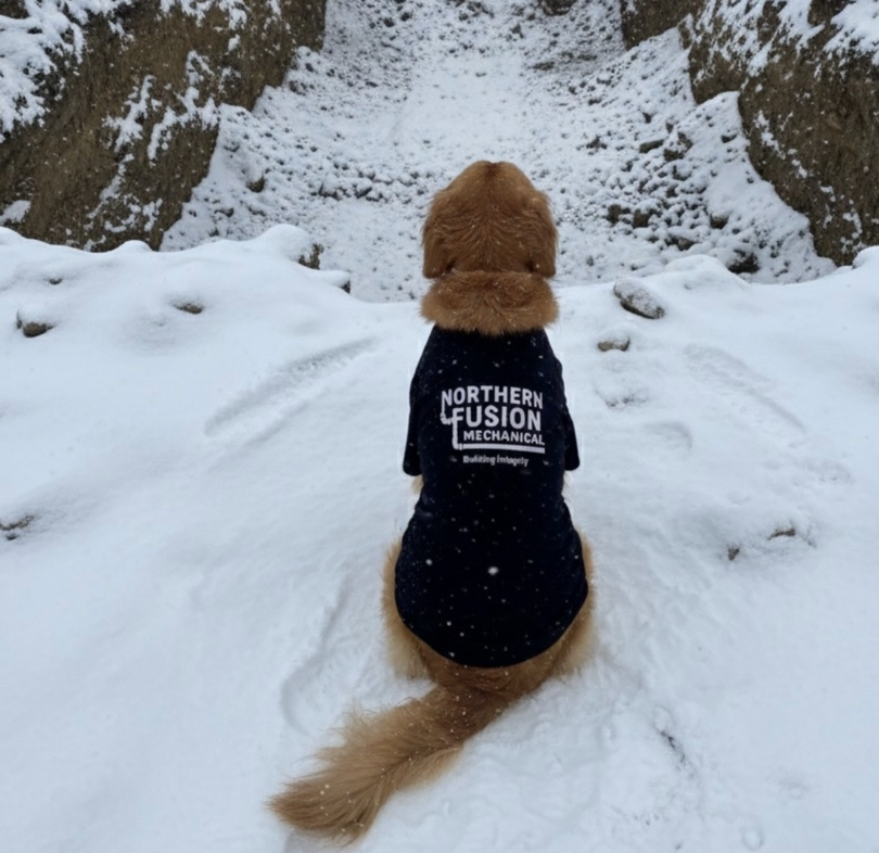 A golden dog in a black sweater with white text sits facing a snowy, rugged ravine.