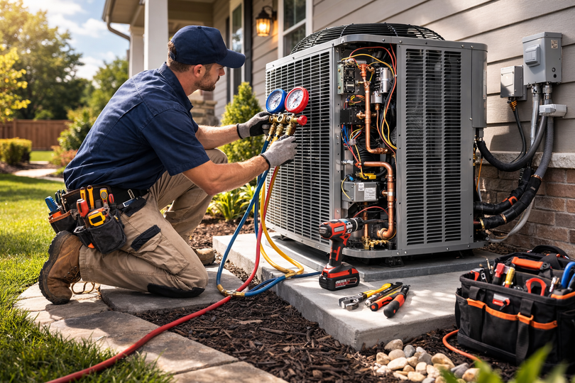 A technician in a navy uniform kneels outside, using a manifold gauge set to service a residential air conditioning unit.