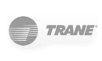 Trane logo in gray with circular striped icon and wordmark on white background