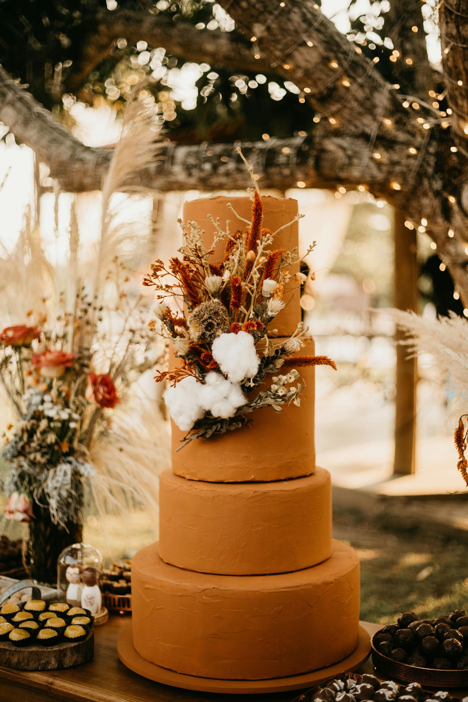 An autumn themed wedding cake is sitting on top of a wooden table.