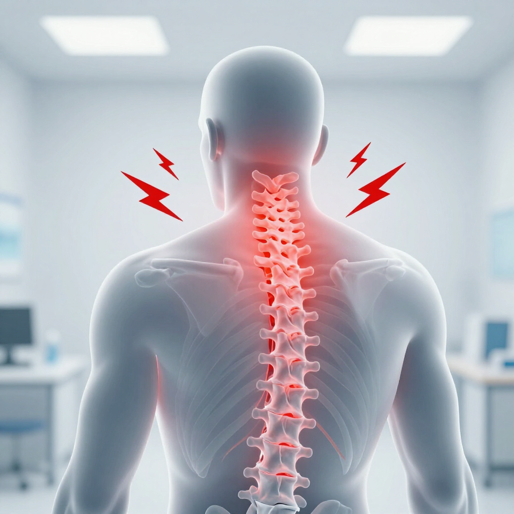 Illustration of a person’s back with a highlighted red spine and pain markers in a clinic setting