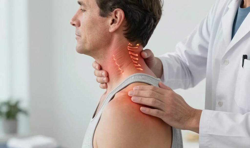 Doctor examining a man’s neck and shoulder, with red pain highlights on the spine.