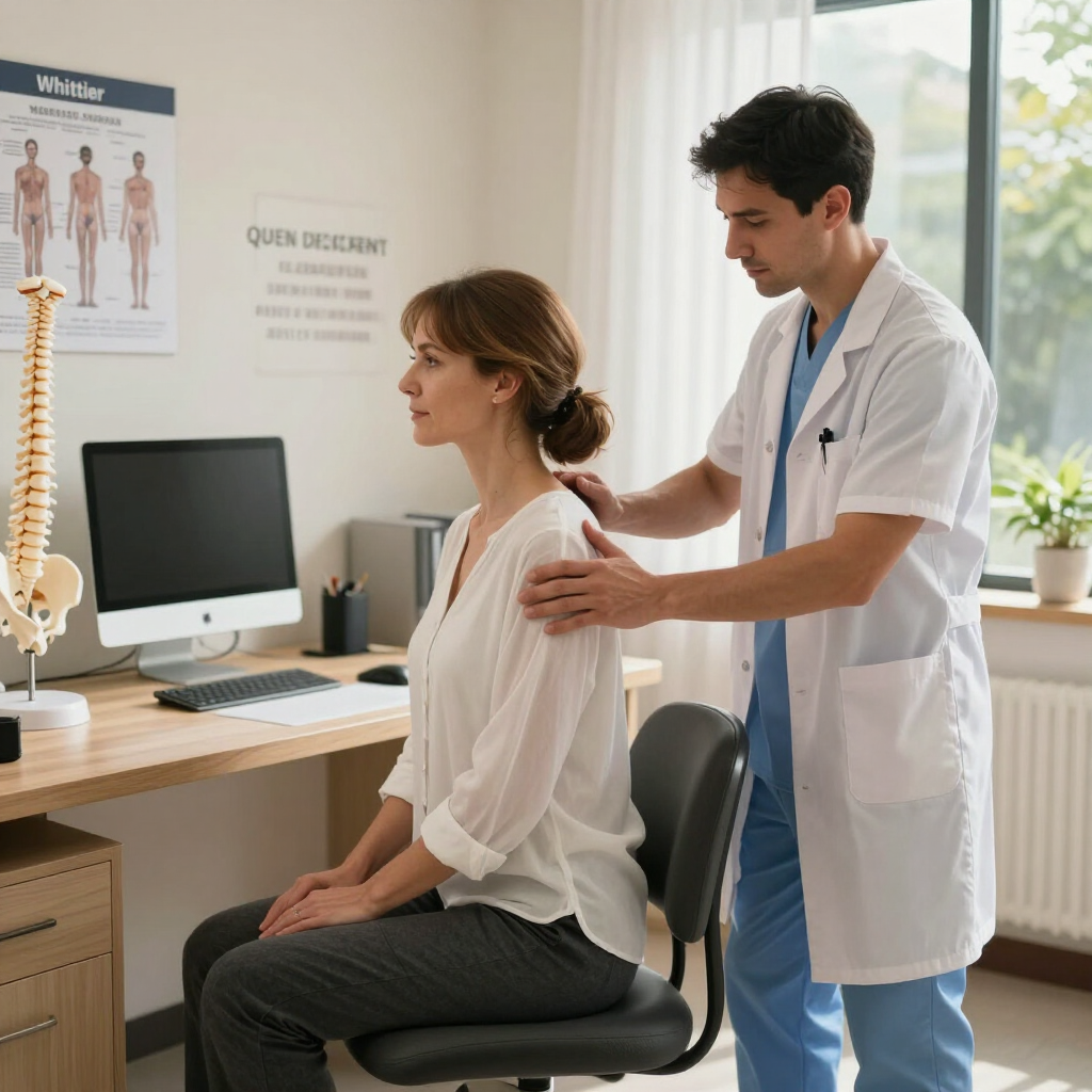 Doctor examining a seated patient in a bright clinic office