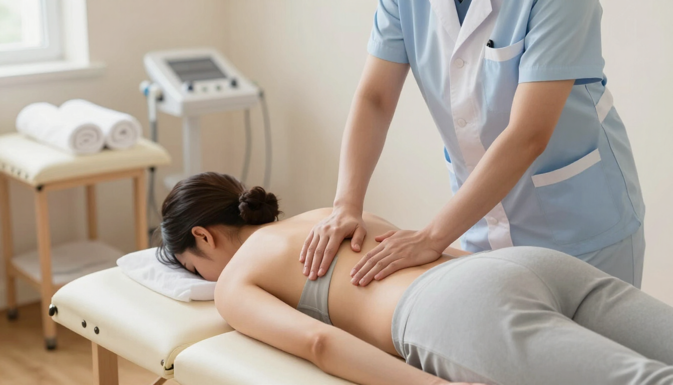 Massage therapist working on a client’s back in a bright spa treatment room