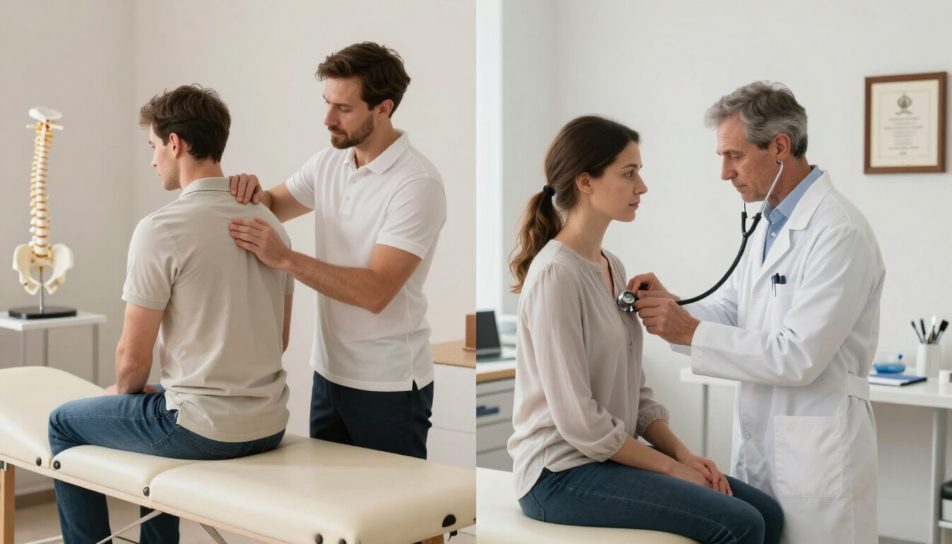 Doctor examining seated patient while a therapist adjusts another patient's shoulder in a clinic room
