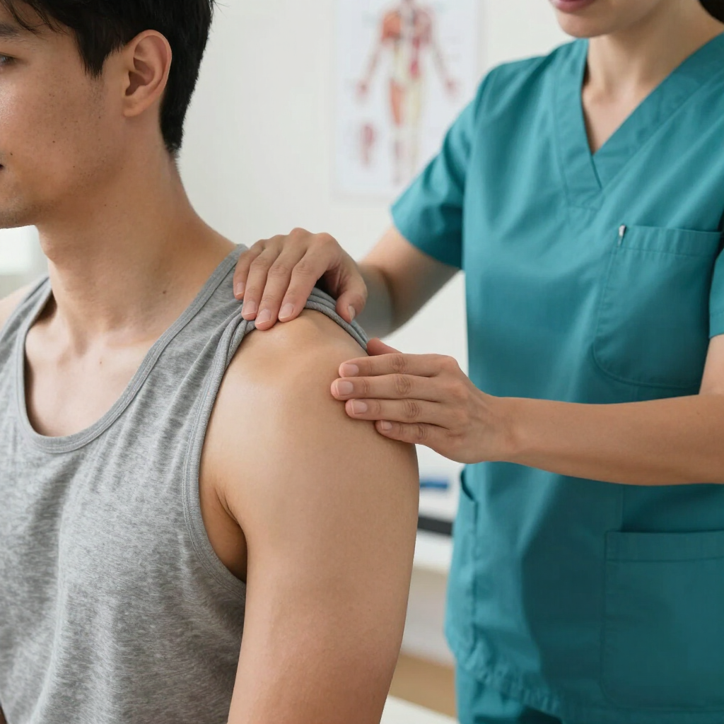 Physical therapist examining a man’s shoulder in a clinic, with hands on his upper arm and shoulder
