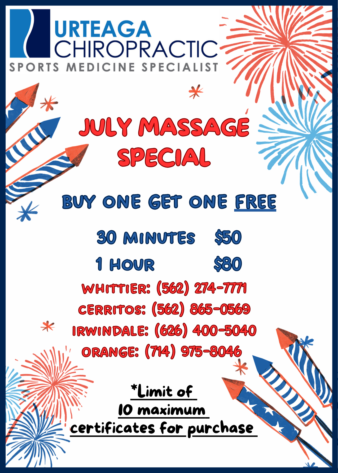 July Massage Special flyer from Urteaga Chiropractic with blue, red, and white patriotic design.