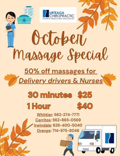 May massage special flyer with flowers: 50% off for all mothers, 30 minutes $25 or 1 hour $40.