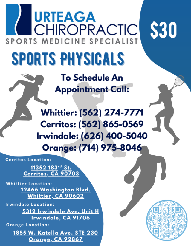 Urteaga Chiropractic sports physical flyer listing phone numbers and addresses for four locations in California.