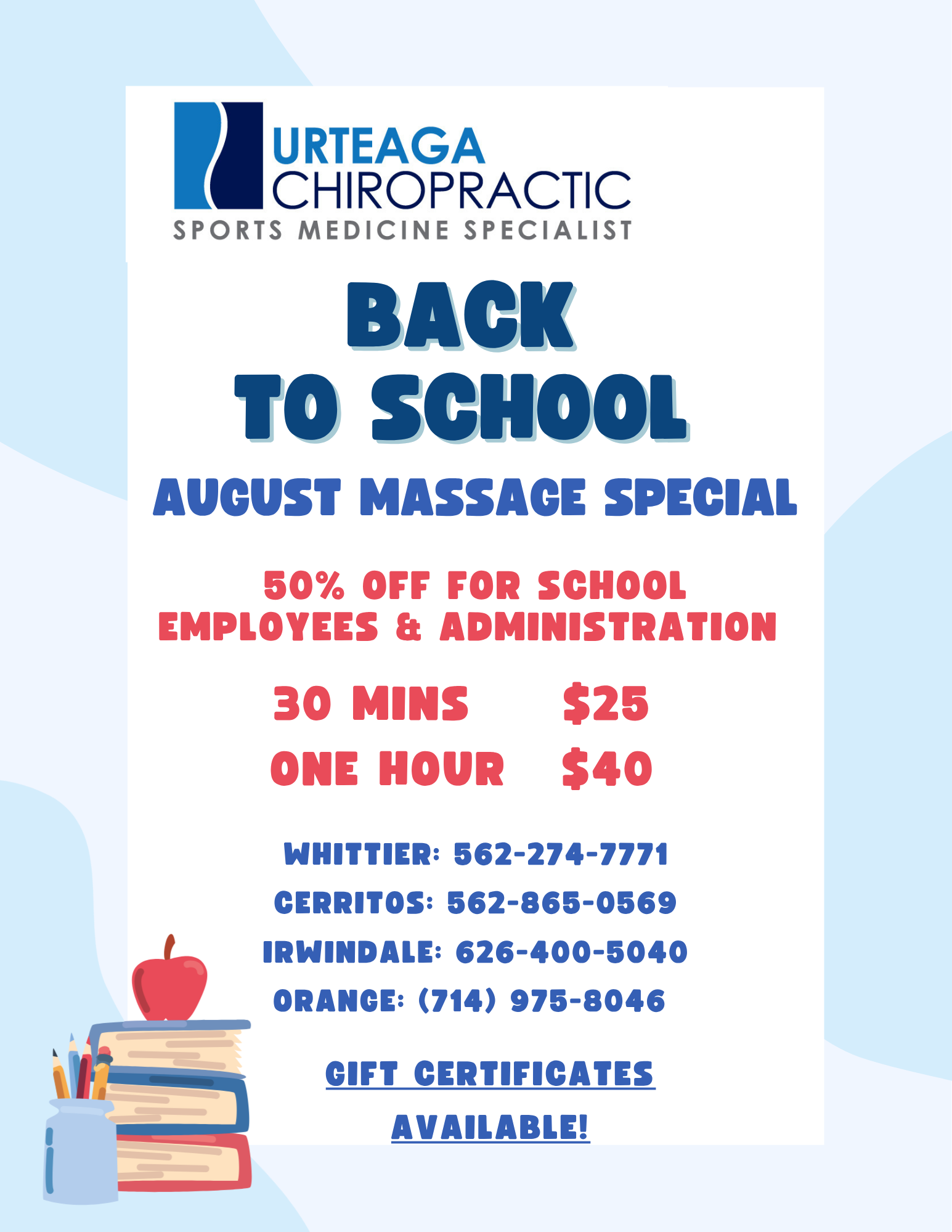 May massage special poster with floral border: 50% off for all mothers, 30 minutes $25 or 1 hour $40.