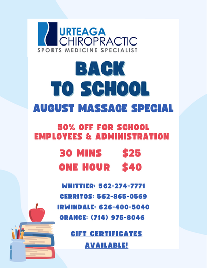 May massage special flyer with flowers: 50% off for all mothers, 30 minutes $25 or 1 hour $40.