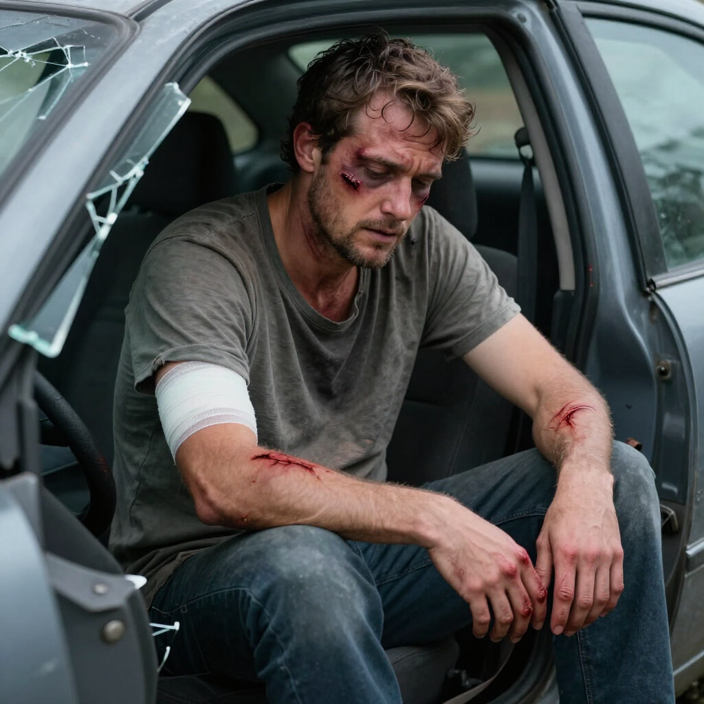 Injured man sits in a car doorway with cuts and bruises, looking exhausted.