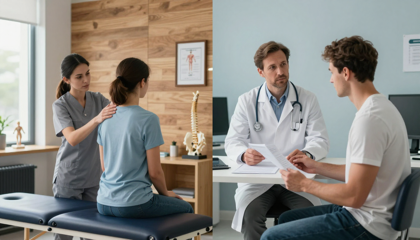 Physical therapist treating a seated patient while another therapist takes notes in a bright clinic