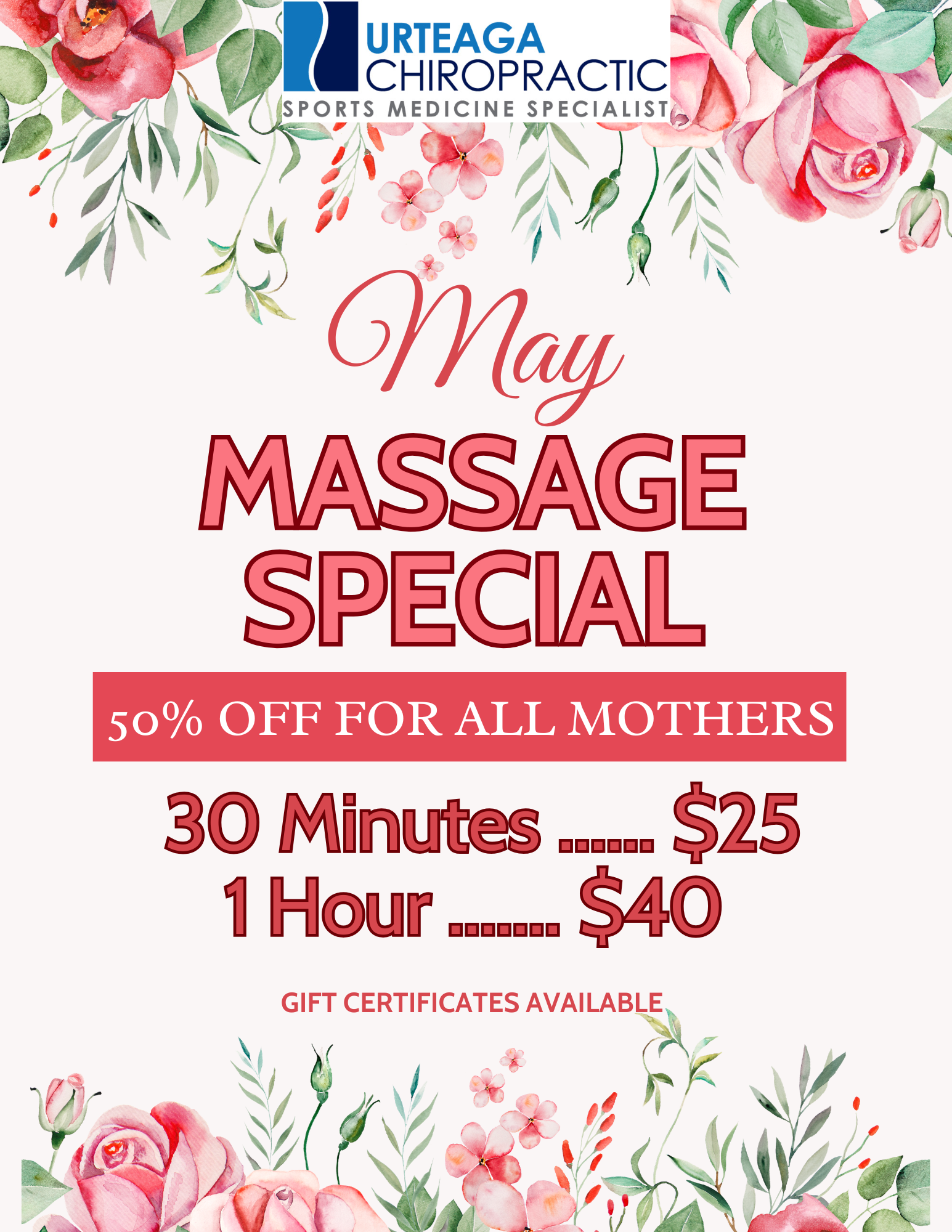 May massage special poster with floral border: 50% off for all mothers, 30 minutes $25 or 1 hour $40.
