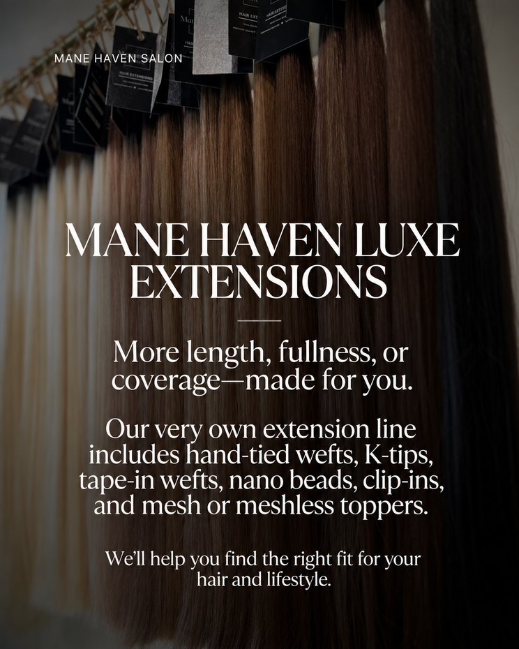 Mannequin hair extension ad with brown extensions and white promotional text on a dark background