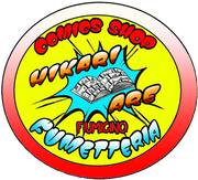 Un logo per un negozio di fumetti con un libro sopra