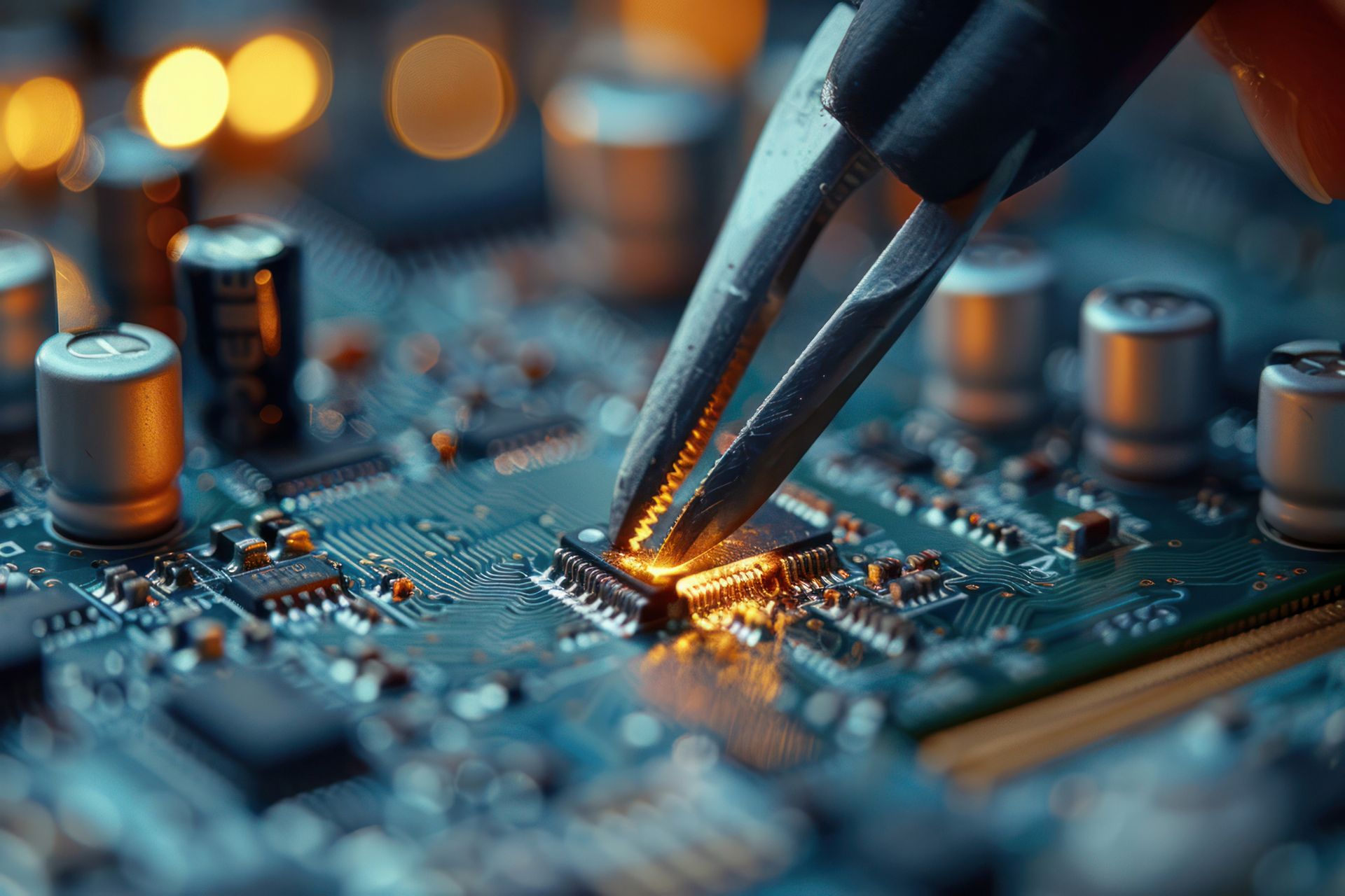 Pliers holding a microchip on a green circuit board.