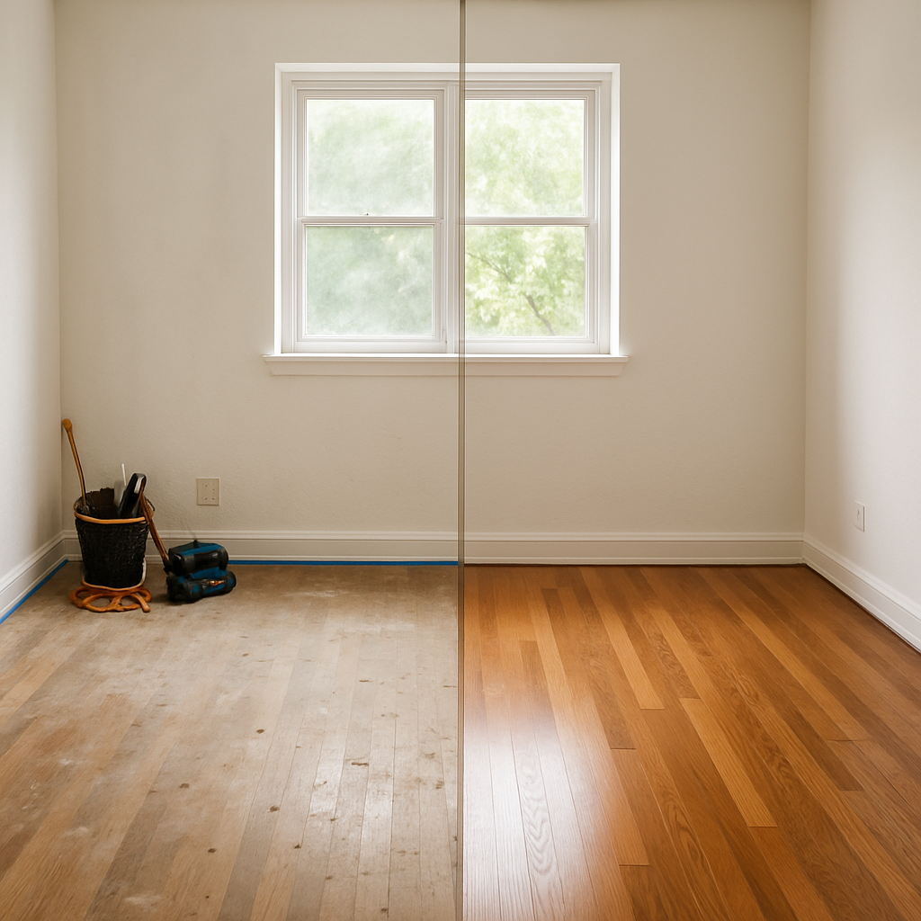 Room interior, split view: left side dirty wooden floor, right side newly stained floor, window in the background.
