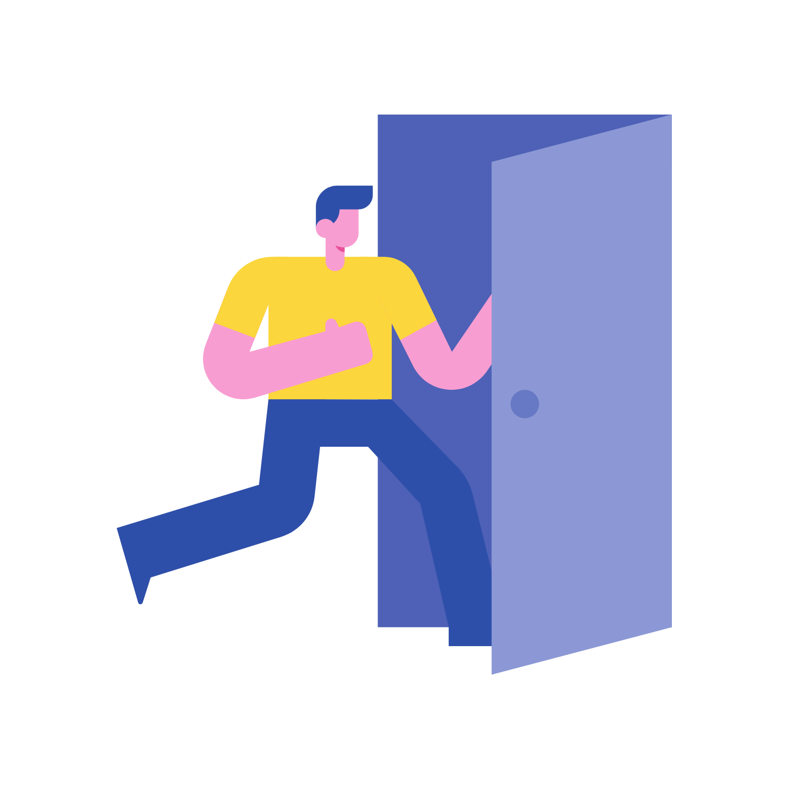 Person running through a purple doorway, yellow shirt, blue pants.