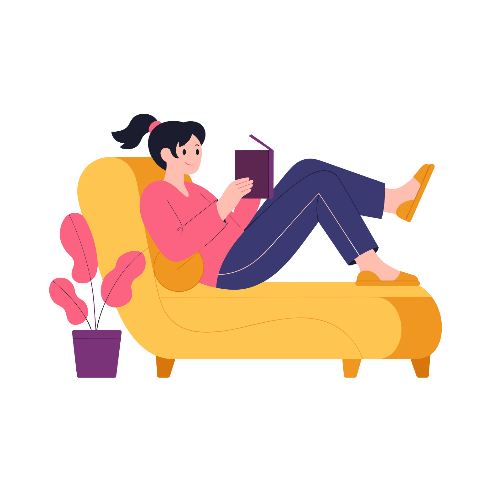 Woman reading book while lounging on a yellow couch; pink shirt, blue pants, plant.