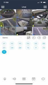 Smartphone app showing a live CCTV camera grid and device controls on a white screen.