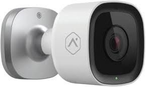 Two white security cameras, one front-facing with a black lens on a silver wall mount