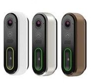 Three smart doorbells in black, silver, and brown finishes on a white background