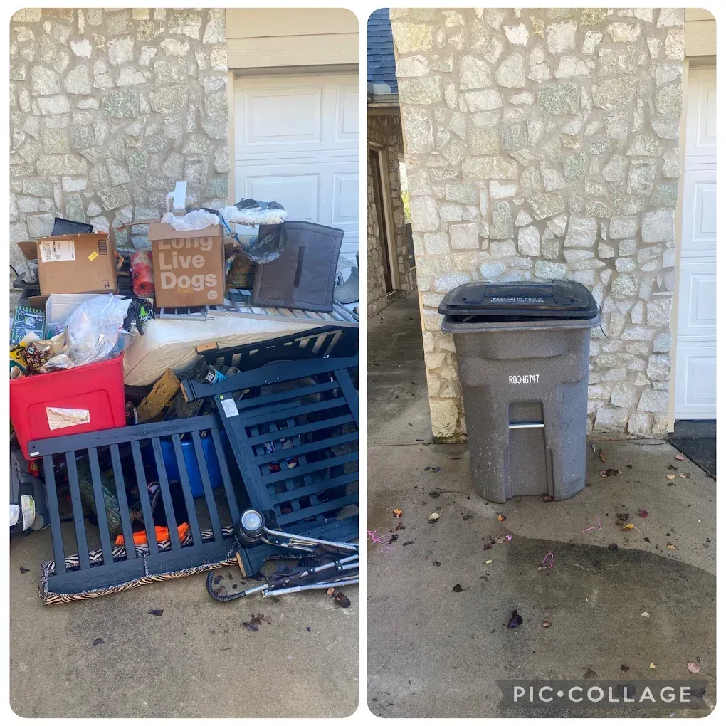 A split image showing a garage exterior filled with miscellaneous clutter before and after it was cleaned out.