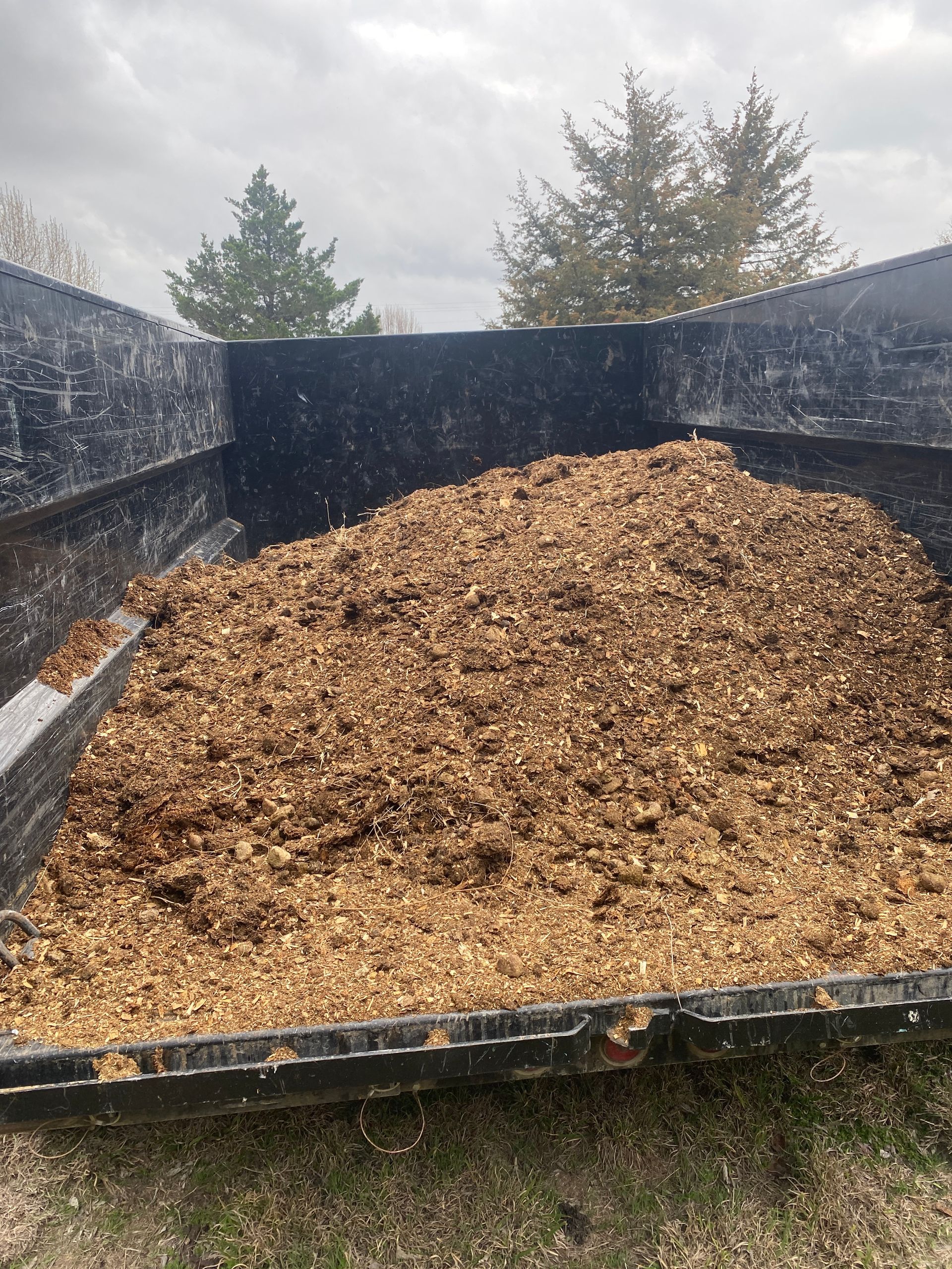 A large pile of wood chips fills the back of a black dumpster, set against a background of trees and a cloudy sky.