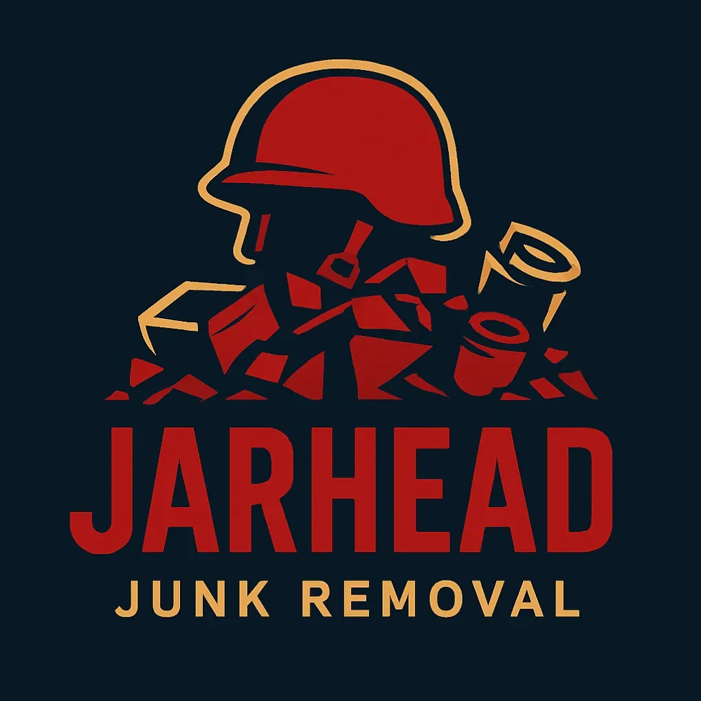 Logo for Jarhead Junk Removal featuring a red military helmet atop a pile of debris, with red text on a dark background.